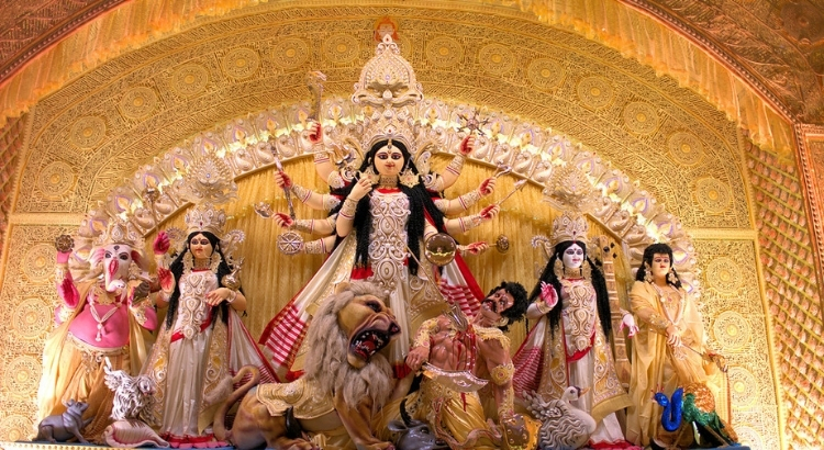 Durga Puja celebration with beautifully decorated idol of Goddess Durga